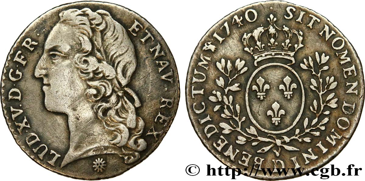 LOUIS XV  THE WELL-BELOVED  Dixième d écu aux branches d’olivier, tête ceinte d’un bandeau 1740 Lyon fVZ