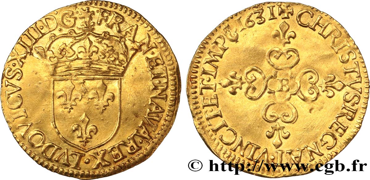 LOUIS XIII LE JUSTE Écu d or au soleil, à la croix anillée fleurdelisée 1631 Rouen TTB+
