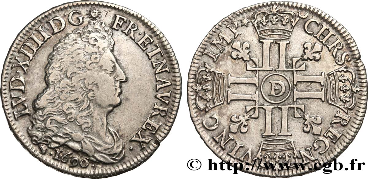 LOUIS XIV  THE SUN KING  Demi-écu aux huit L, 1er type 1690 Lyon XF