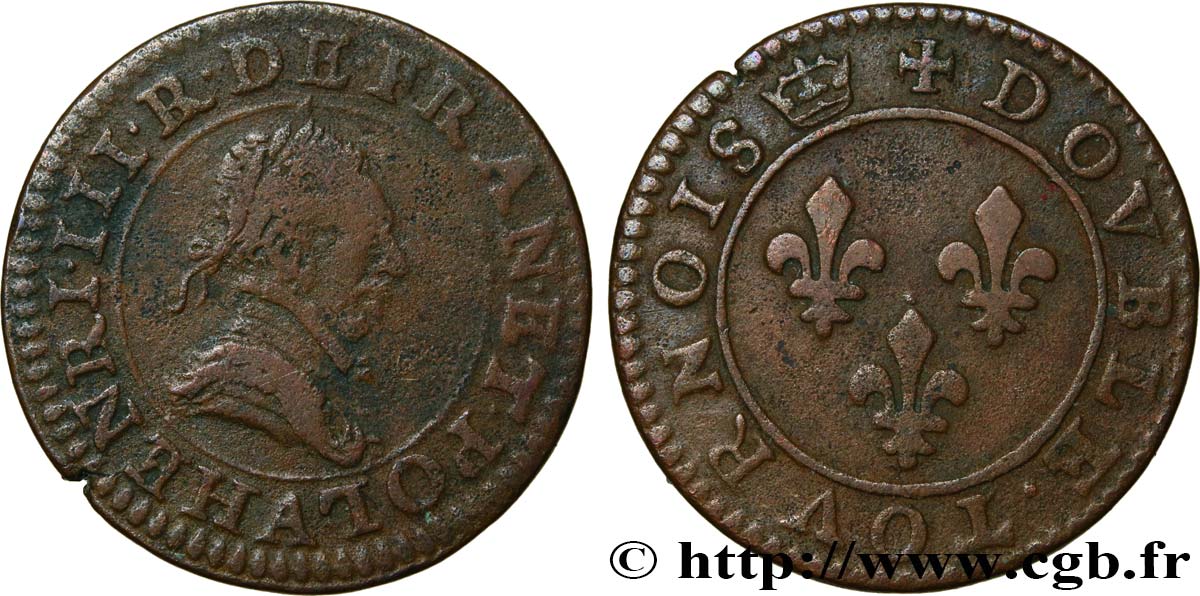 THE LEAGUE. COINAGE IN THE NAME OF HENRY III Double tournois n.d. Paris, Moulin des Étuves VF/VF
