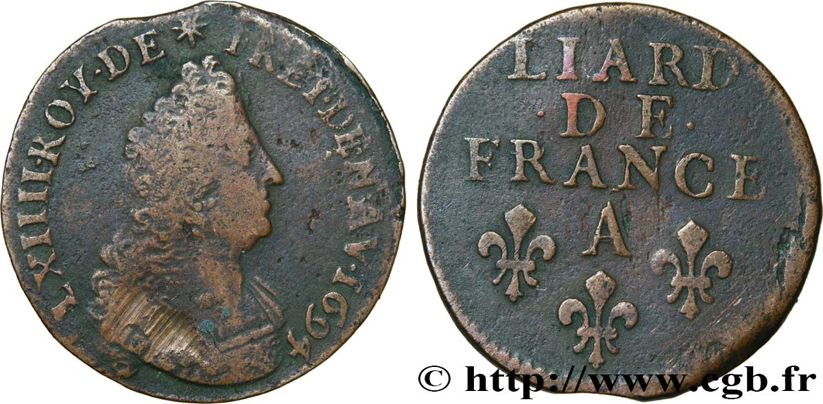 LOUIS XIV  THE SUN KING  Liard, 3e type, buste âgé 1694 Paris VF