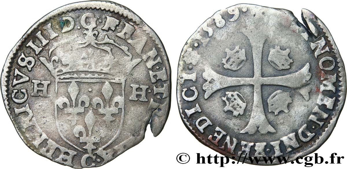 HENRY III Douzain aux deux H, 1er type 1589 Saint-Lô BC+