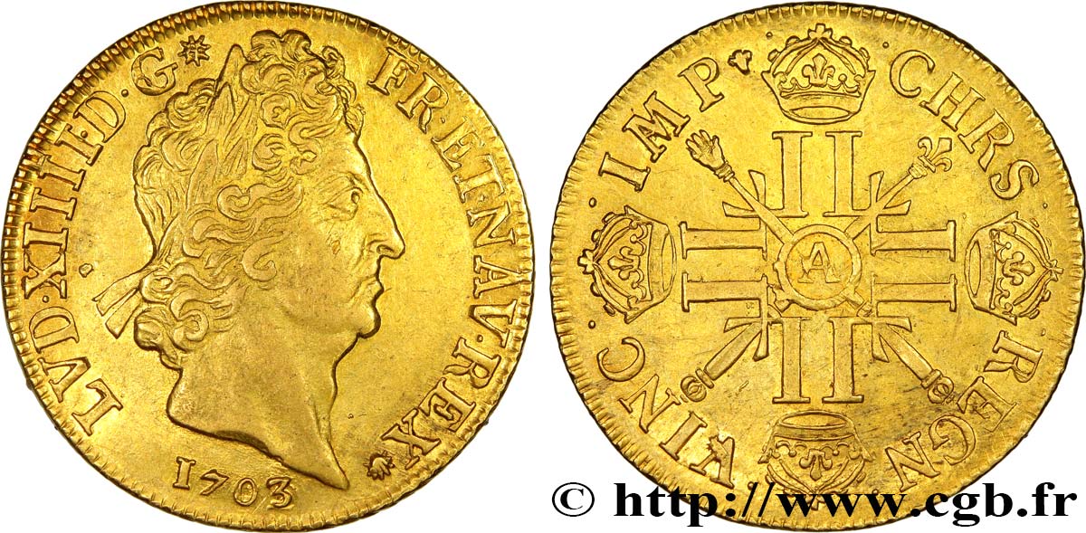 LOUIS XIV  THE SUN KING  Double louis d or aux huit L et aux insignes 1703 Paris AU