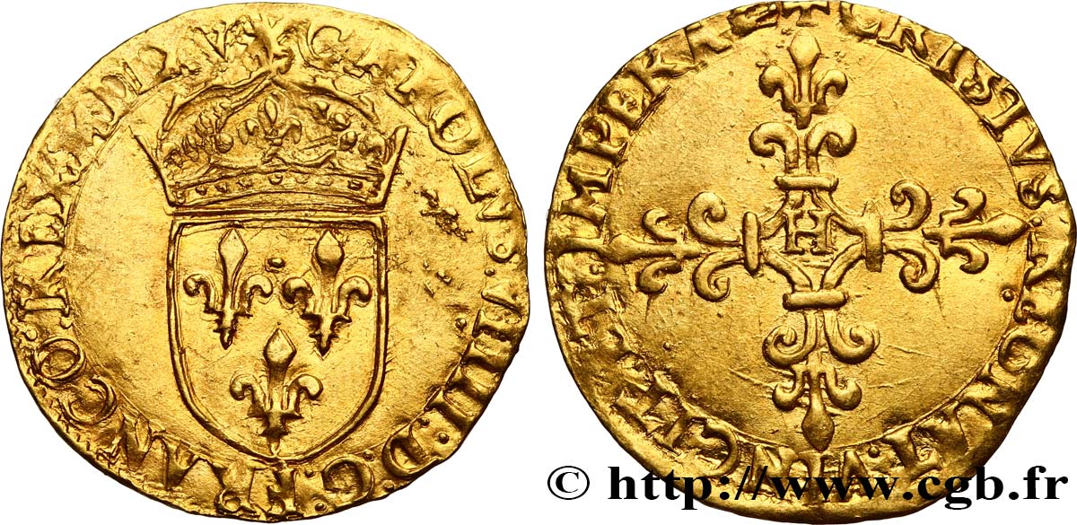CHARLES IX Écu d or au soleil, 1er type 1565 La Rochelle BB/q.SPL