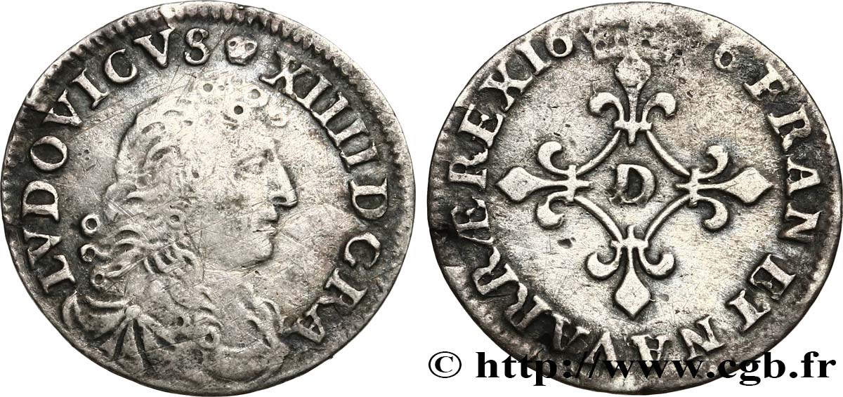 LOUIS XIV LE GRAND OU LE ROI SOLEIL Quatre sols à la croix formée de lis 1676 Vimy-en-Lyonnais (actuellement Neuville-sur-Saône) TTB/TB+