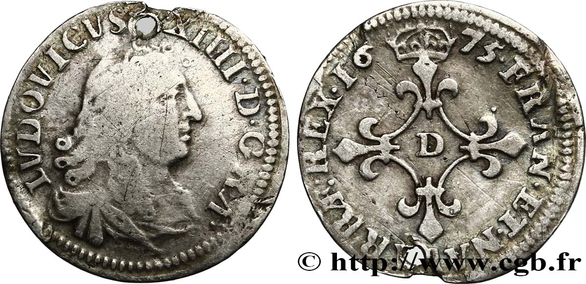 LOUIS XIV LE GRAND OU LE ROI SOLEIL Quatre sols à la croix formée de lis 1675 Vimy-en-Lyonnais (actuellement Neuville-sur-Saône) TB/TB+