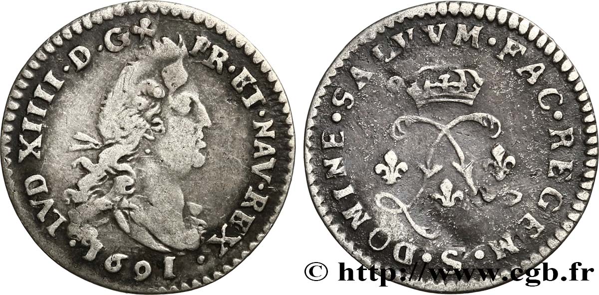 LOUIS XIV LE GRAND OU LE ROI SOLEIL Quatre sols aux deux L 1691 Reims TB+