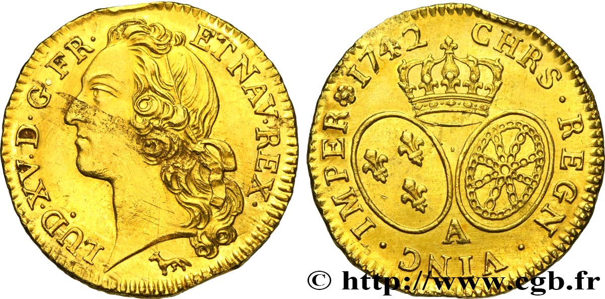 LOUIS XV  THE WELL-BELOVED  Louis d’or aux écus ovales, tête ceinte d’un bandeau 1742 Paris EBC