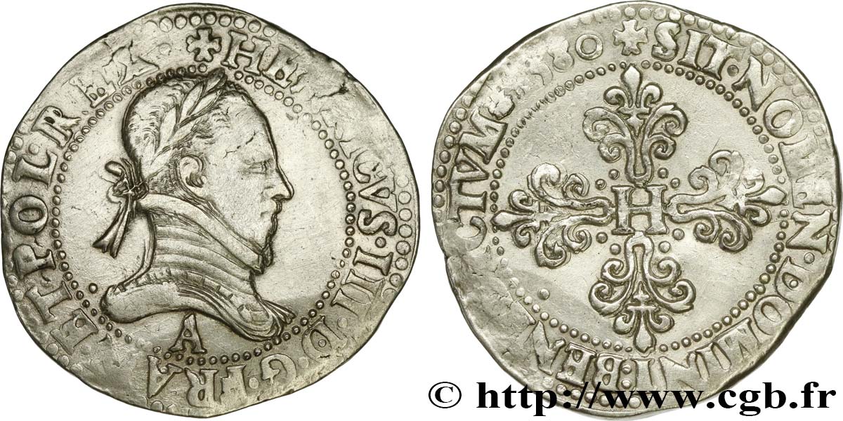 HENRY III Franc au col plat 1580 Paris MBC+
