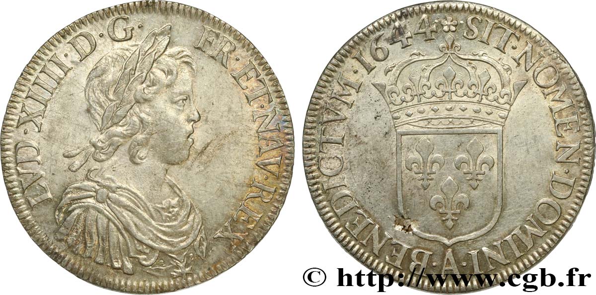LOUIS XIV  THE SUN KING  Écu, portrait à la mèche courte 1644 Paris, Monnaie de Matignon SPL