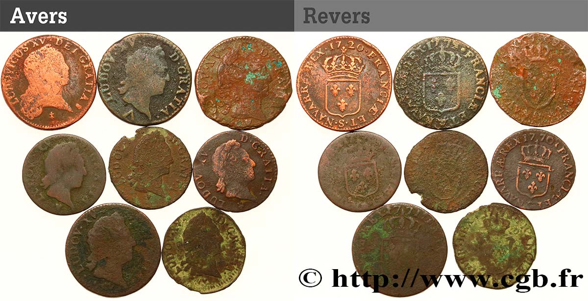 LOUIS XV  THE WELL-BELOVED  Lot de 8 monnaies royales n.d. Ateliers divers BC