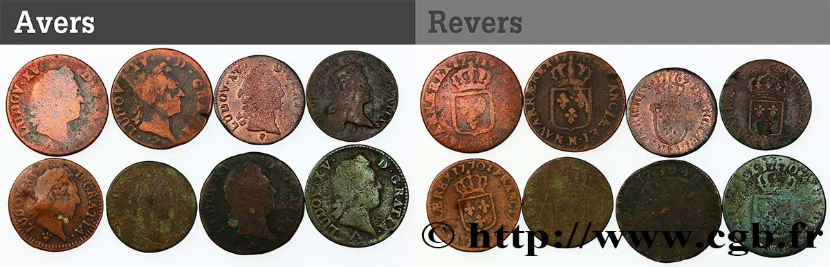 LOUIS XV  THE WELL-BELOVED  Lot de 8 monnaies royales n.d. Ateliers divers BC