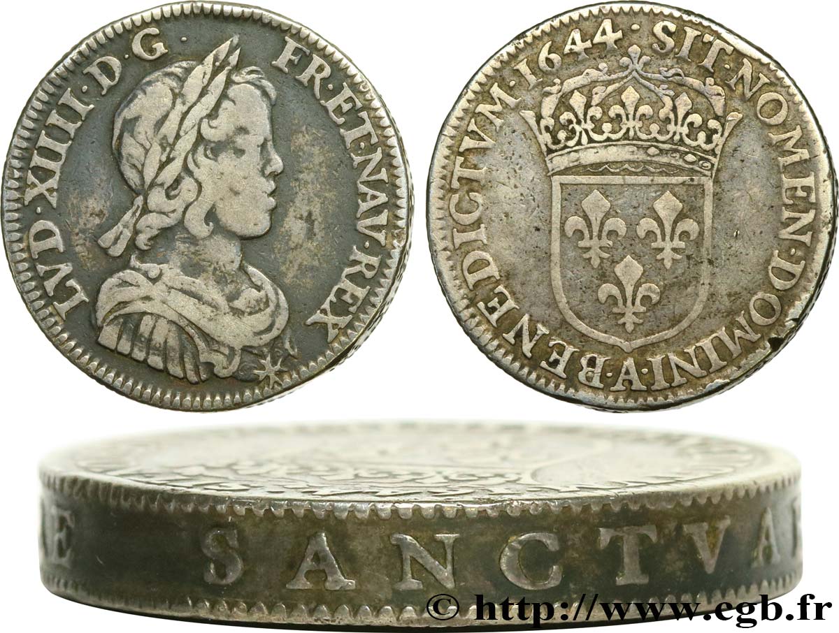 LOUIS XIV LE GRAND OU LE ROI SOLEIL Quart d écu, portrait à la mèche courte 1644 Paris, Monnaie du Louvre TB+