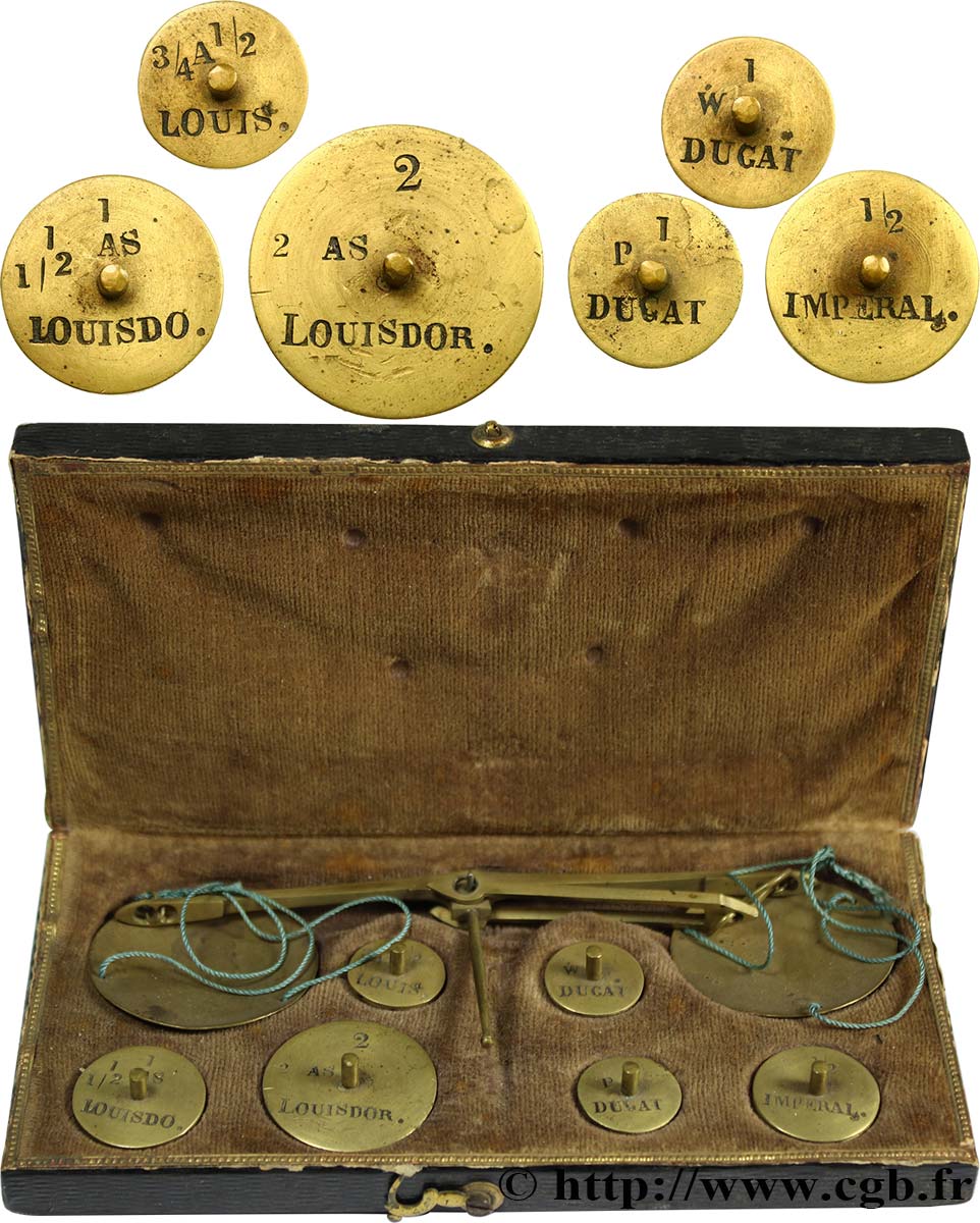 BALANCE Boîte avec trébuchet et 6 poids c. XIXe siècle  TTB