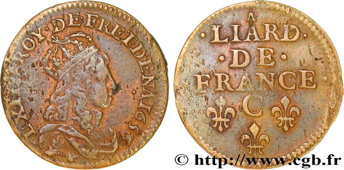 LOUIS XIV  THE SUN KING  Liard de cuivre, 2e type 1656 Caen XF/AU