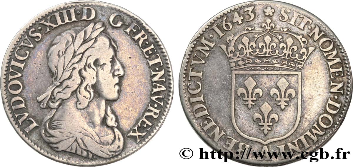 LOUIS XIII LE JUSTE Quart d écu, buste drapé et cuirassé (2e buste de Jean Warin) 1643 Paris, Monnaie de Matignon TB/TB+