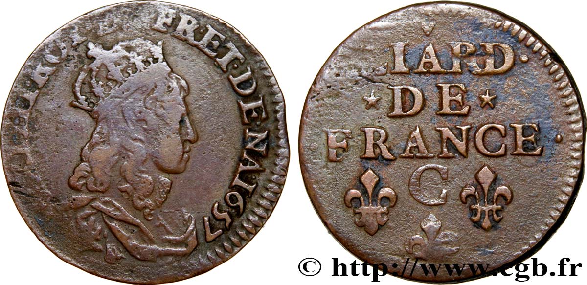 LOUIS XIV  THE SUN KING  Liard de cuivre, type 5 1657 Caen q.BB