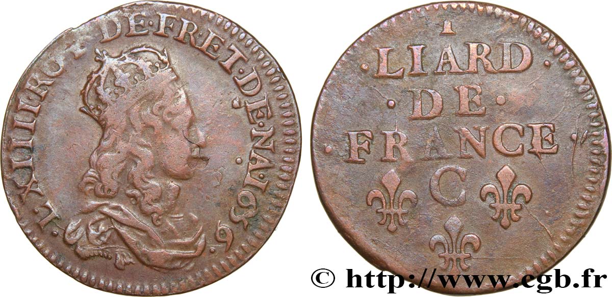LOUIS XIV LE GRAND OU LE ROI SOLEIL Liard de cuivre, 2e type 1656 Caen TTB