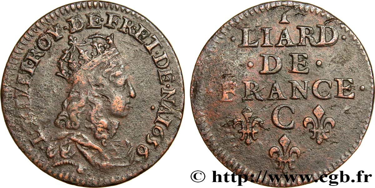 LOUIS XIV  THE SUN KING  Liard de cuivre, 2e type 1656 Caen BB