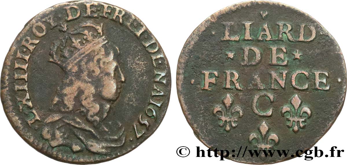 LOUIS XIV LE GRAND OU LE ROI SOLEIL Liard de cuivre, type 5 1657 Caen TB+