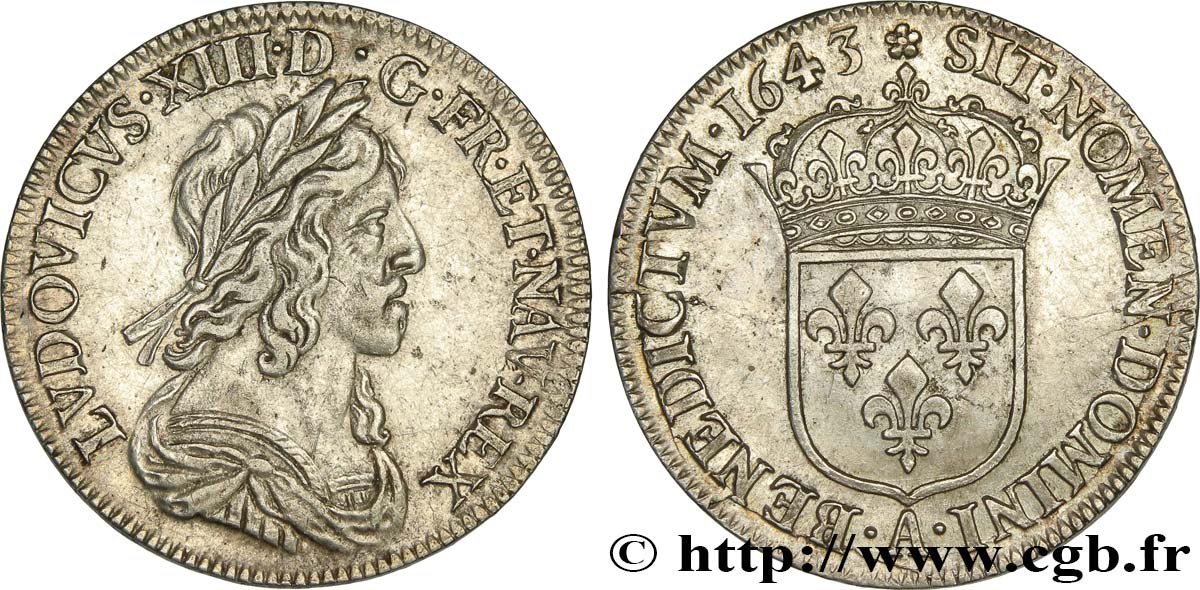 LOUIS XIII  Quart d écu, buste drapé et cuirassé (2e buste de Jean Warin) 1643 Paris, Monnaie de Matignon MBC/MBC+