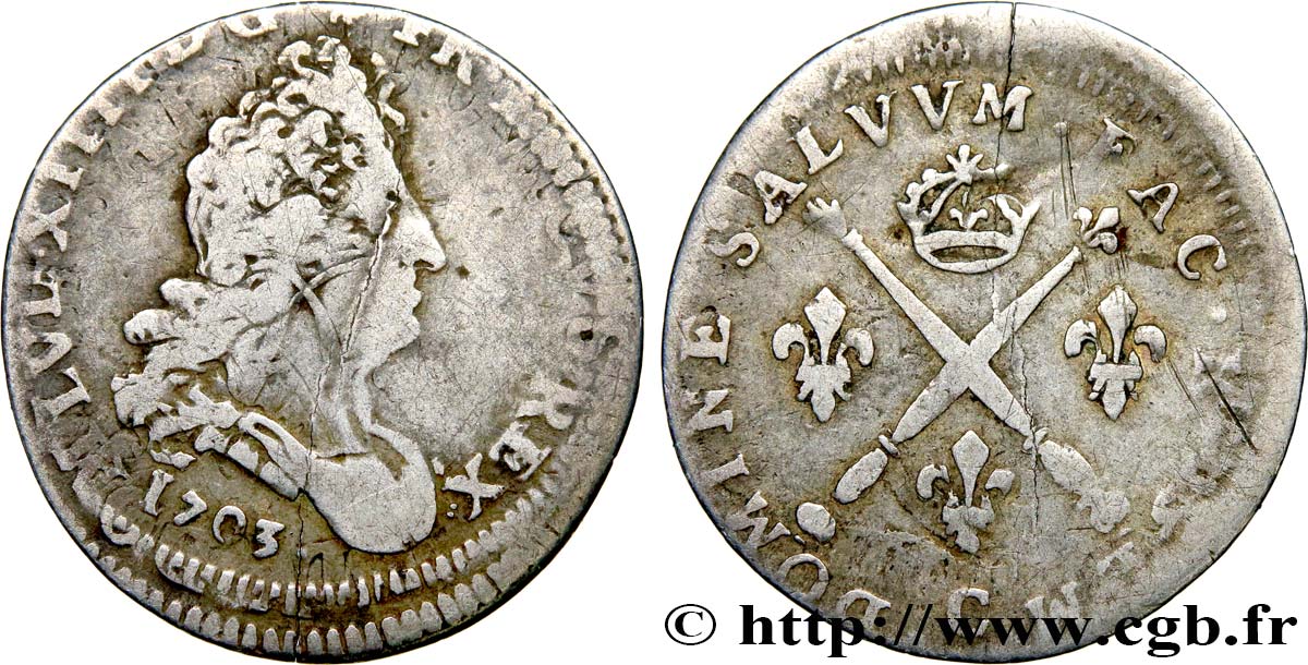 LOUIS XIV  THE SUN KING  Cinq sols aux insignes 1703 Caen F/VF