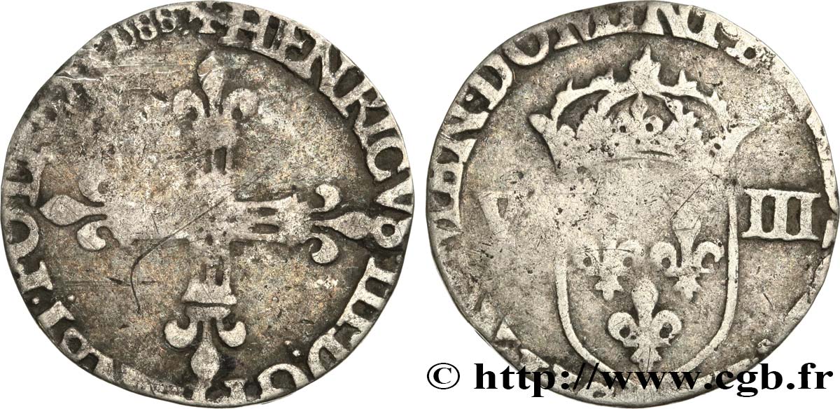 HENRI III Huitième d écu, croix de face 1588 (Saint-Lô ?) TB+
