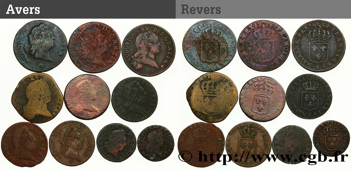 LOUIS XV  THE WELL-BELOVED  Lot de 10 monnaies royales n.d. Ateliers divers MB