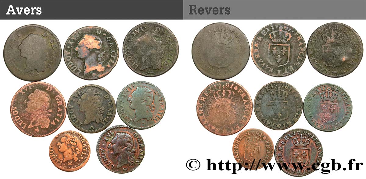 LOUIS XVI Lot de 8 monnaies royales n.d. Ateliers divers BC
