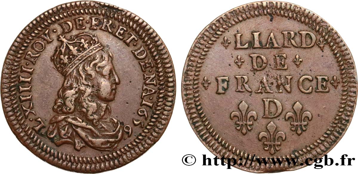LOUIS XIV  THE SUN KING  Liard de cuivre avec double grènetis, 2e type 1656 Vimy-en-Lyonnais (actuellement Neuville-sur-Saône) fVZ