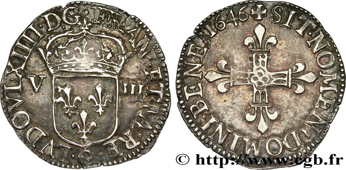 LOUIS XIV &nbsp;THE SUN KING&nbsp; Huitième d&nbsp;écu, titulature côté écu 1646 Poitiers AU