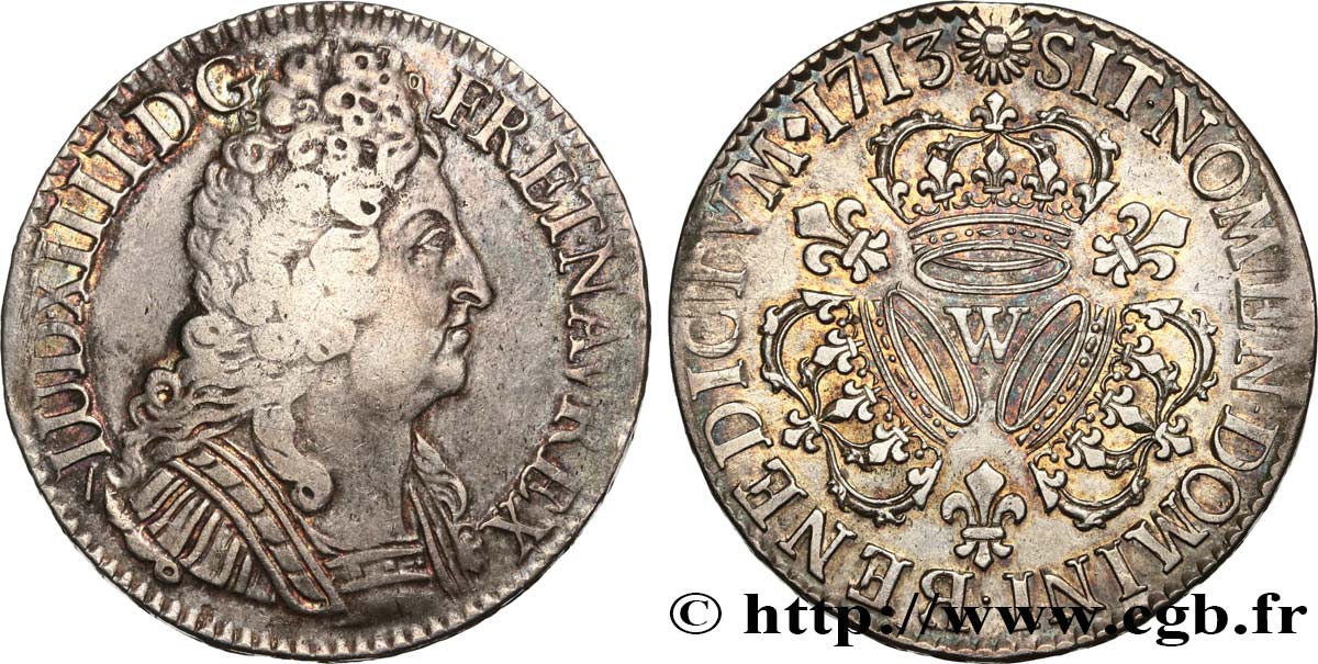 LOUIS XIV  THE SUN KING  Écu aux trois couronnes 1713 Lille VF/AU
