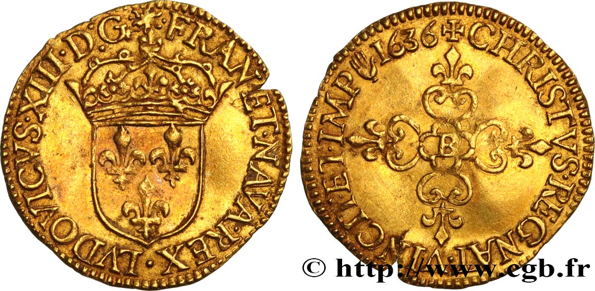 LOUIS XIII LE JUSTE Écu d or au soleil, à la croix anillée fleurdelisée 1636 Rouen TTB+