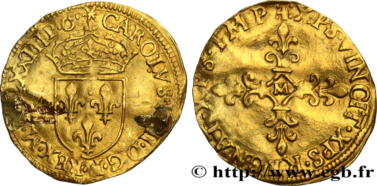 CHARLES IX Écu d or au soleil, 1er type 1573(MDLXXIII) Toulouse VF
