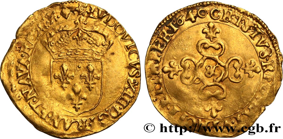 LOUIS XIII  Écu d or au soleil, à la croix anillée fleurdelisée 1640 Aix-en-Provence SS