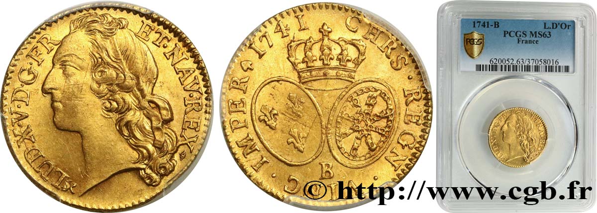 LOUIS XV  THE WELL-BELOVED  Louis d’or aux écus ovales, tête ceinte d’un bandeau 1741 Rouen SC