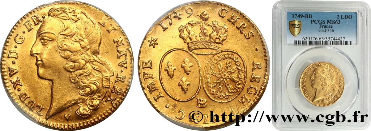 LOUIS XV THE BELOVED Double louis d’or aux écus ovales, tête ceinte d’un bandeau 1749 Strasbourg MS