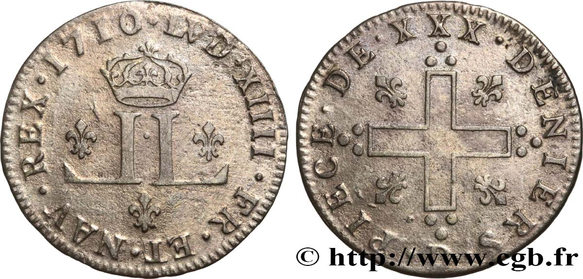 LOUIS XIV &nbsp;THE SUN KING&nbsp; XXX deniers aux 2 L couronnées 1710 Lyon XF