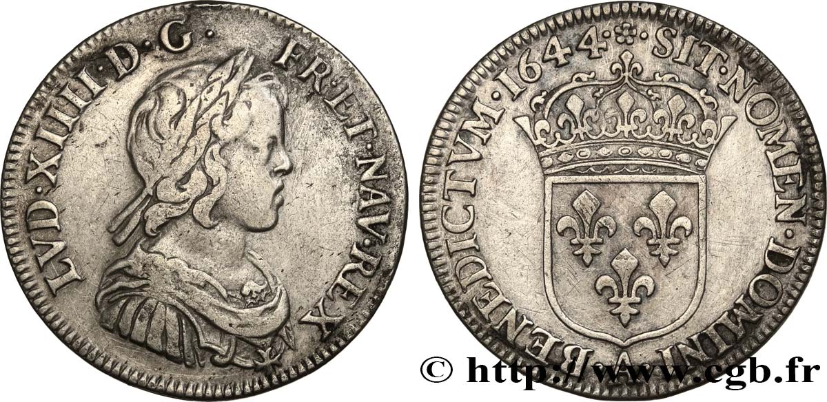 LOUIS XIV LE GRAND OU LE ROI SOLEIL Quart d écu, portrait à la mèche courte 1644 Paris, Monnaie de Matignon TB