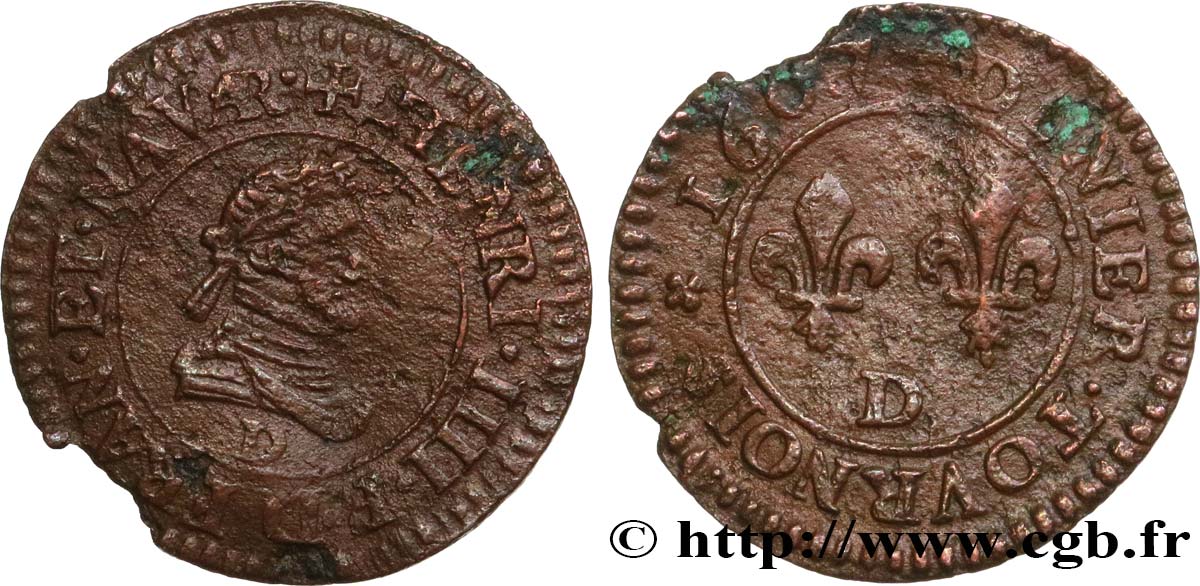 HENRY IV Denier tournois, type B 1607 Lyon q.BB