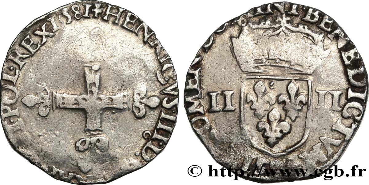 HENRI III Quart d écu, croix de face 1581 Rennes TB