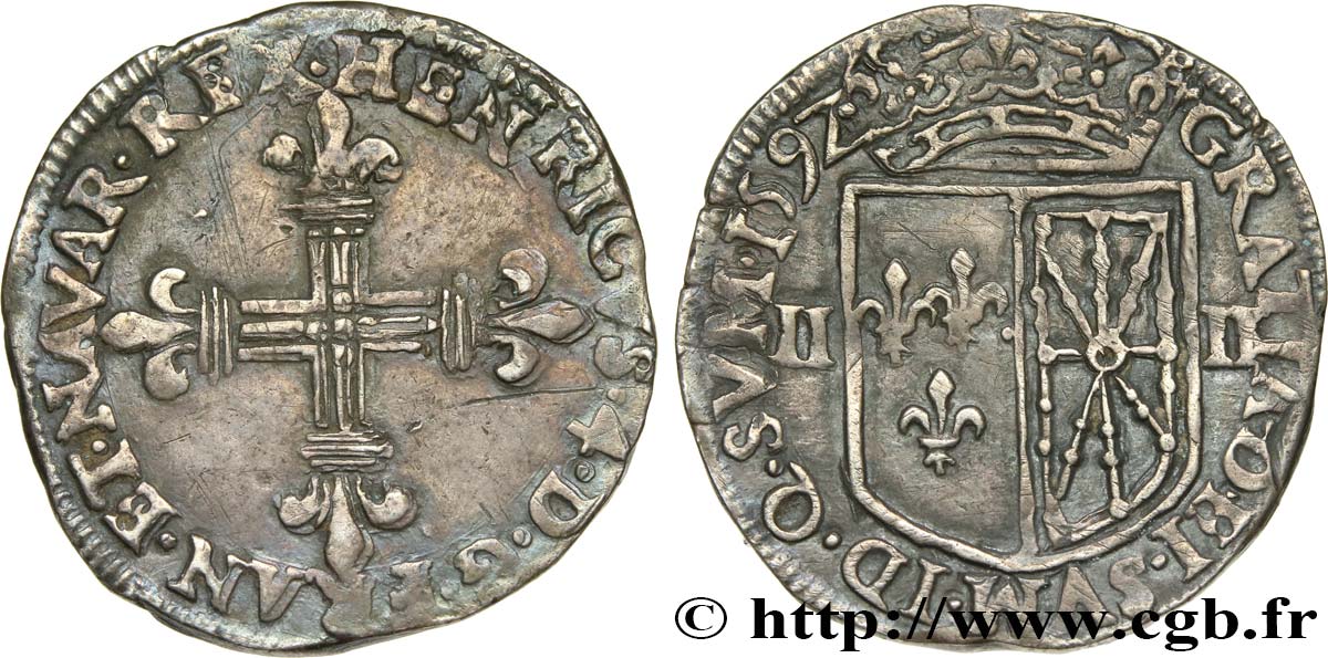 HENRI IV LE GRAND Quart d écu de Navarre 1592 Saint-Palais TTB/TTB+