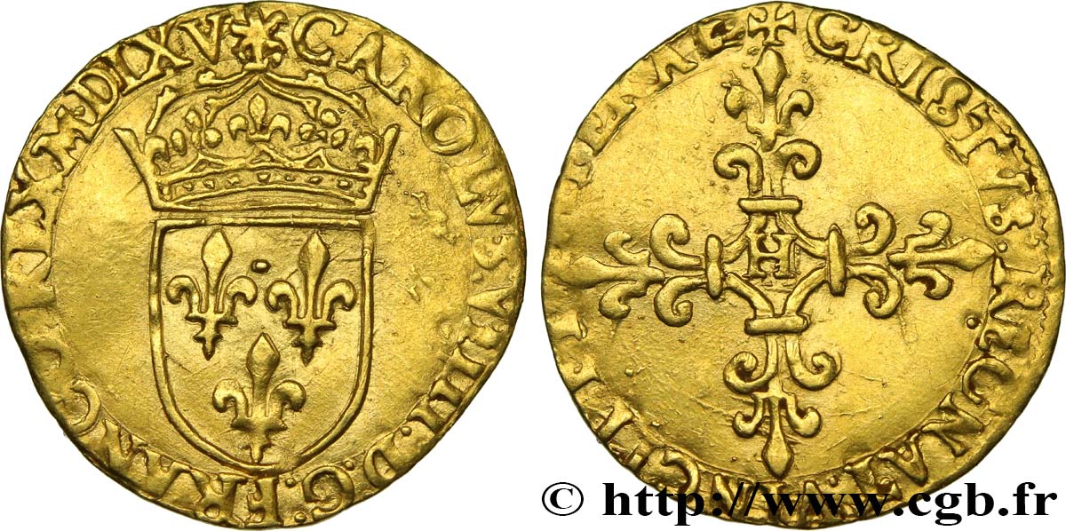 CHARLES IX Écu d or au soleil, 1er type, légende fautée 1565 La Rochelle BB