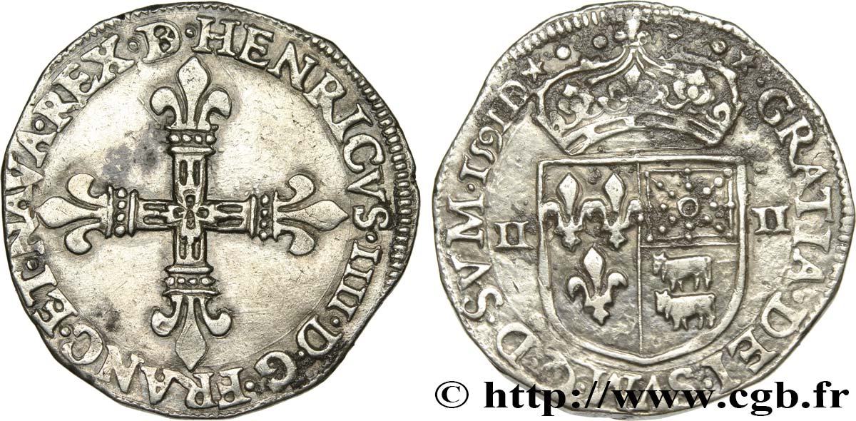 HENRY IV Quart d écu de Béarn 1591 Pau XF
