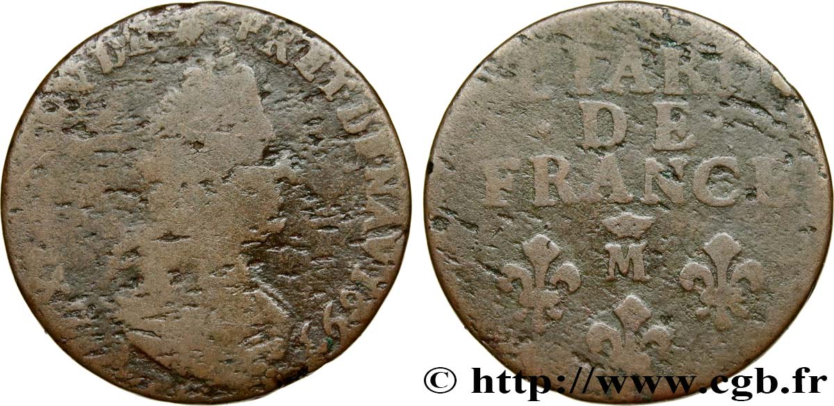 LOUIS XIV LE GRAND OU LE ROI SOLEIL Liard, 3e type, buste âgé 1693 Metz TB