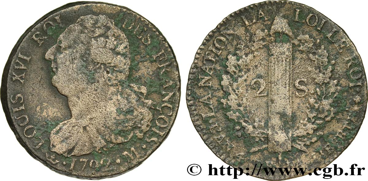 LOUIS XVI 2 sols dit  au faisceau , type FRANÇOIS 1792 Toulouse S