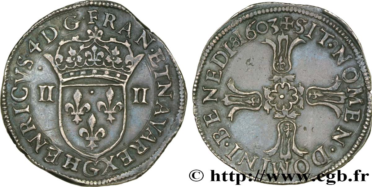 HENRY IV Quart d écu, croix bâtonnée et fleurdelisée de face 1603 Poitiers MBC+/EBC