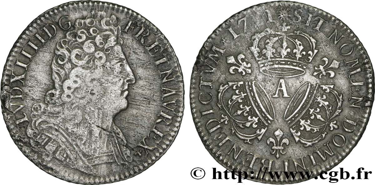 LOUIS XIV  THE SUN KING  Quart d écu aux trois couronnes 1711 Paris VF/XF