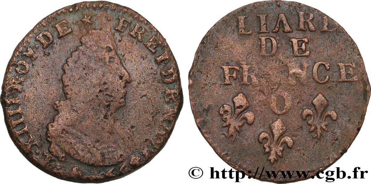 LOUIS XIV  THE SUN KING  Liard, 3e type, buste âgé 1699 Riom VF