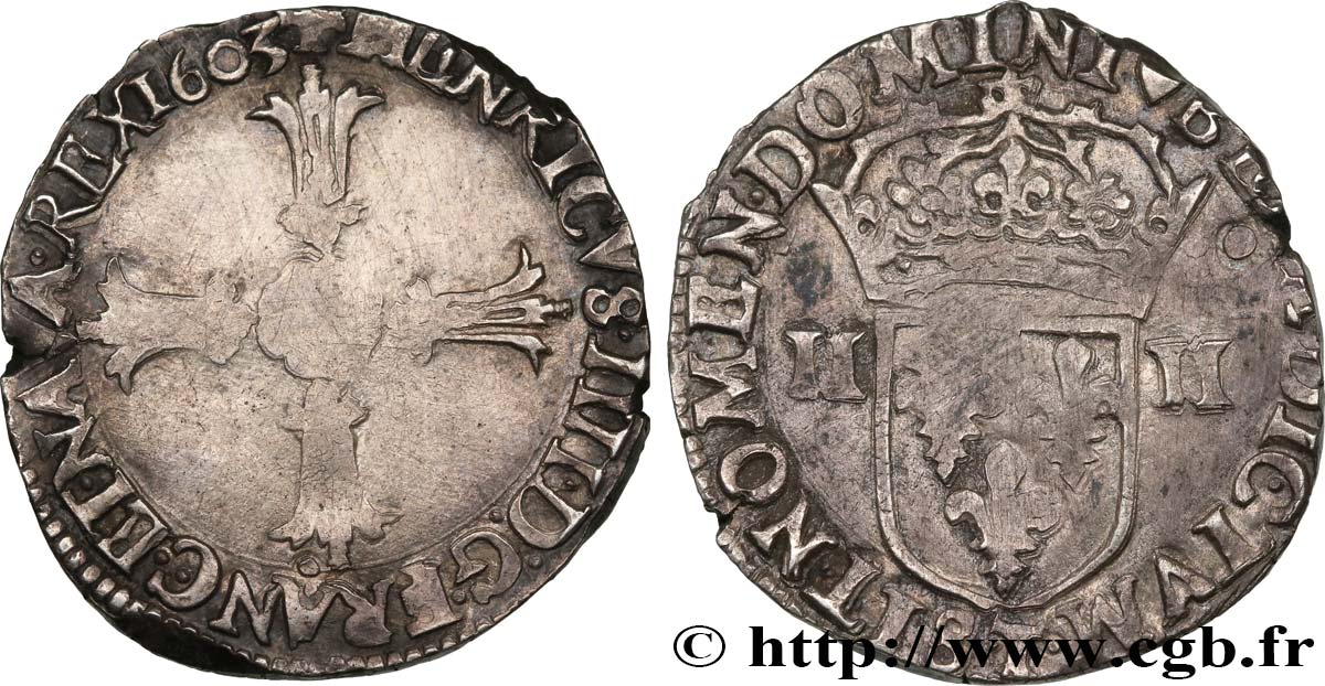 HENRI IV LE GRAND Quart d écu, croix feuillue de face 1603 Nantes TB+